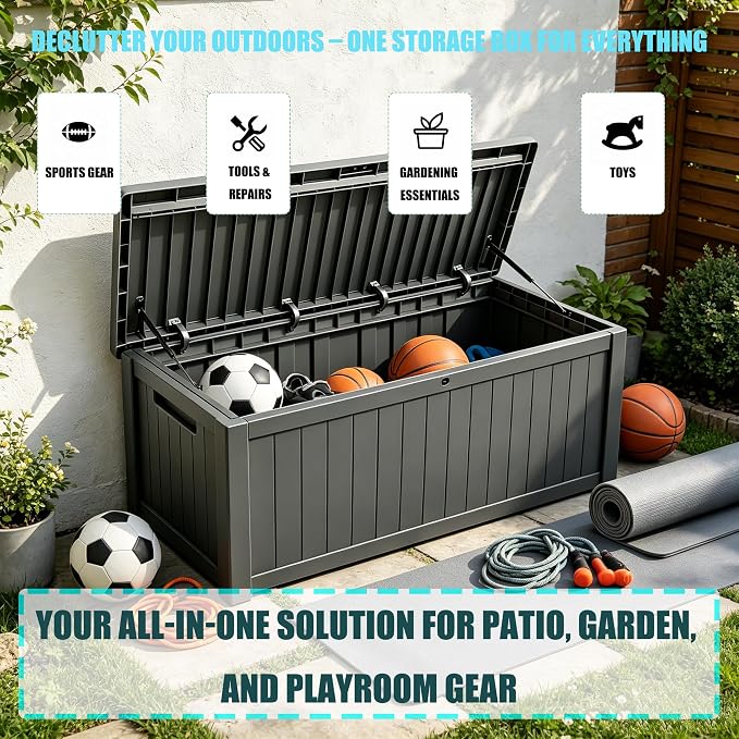 Outdoor Storage Solution with Deck Box Design, Multi-purpose Patio Furniture for Garden Tools, Shoe Storage & Cushions, Strong Storage Bins with Lids Style (darkgray)