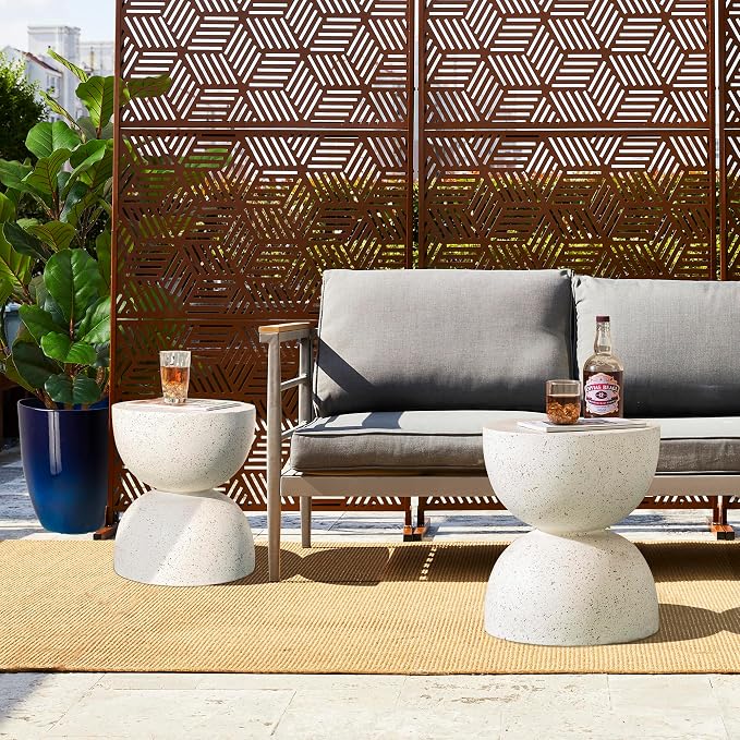 Glitzhome Outdoor Side Table, Round Small End Table with Terrazzo Finish MGO Hourglass Garden Stool, Set of 2 Lightweight Decorative Accent Table for Living Room Planter Stand Patio Pool Porch, White