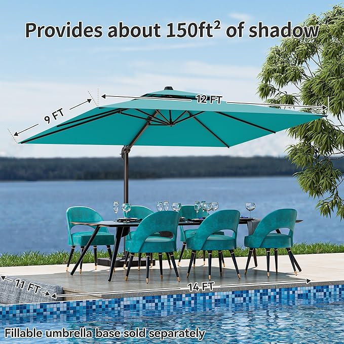 9x12FT Cantilever Patio Umbrella - Heavy Duty Double Layer Offset Design with 360° Rotation, Large Rectangle Sun Shade Umbrella for Garden, Deck, Pool, Backyard, Turquoise