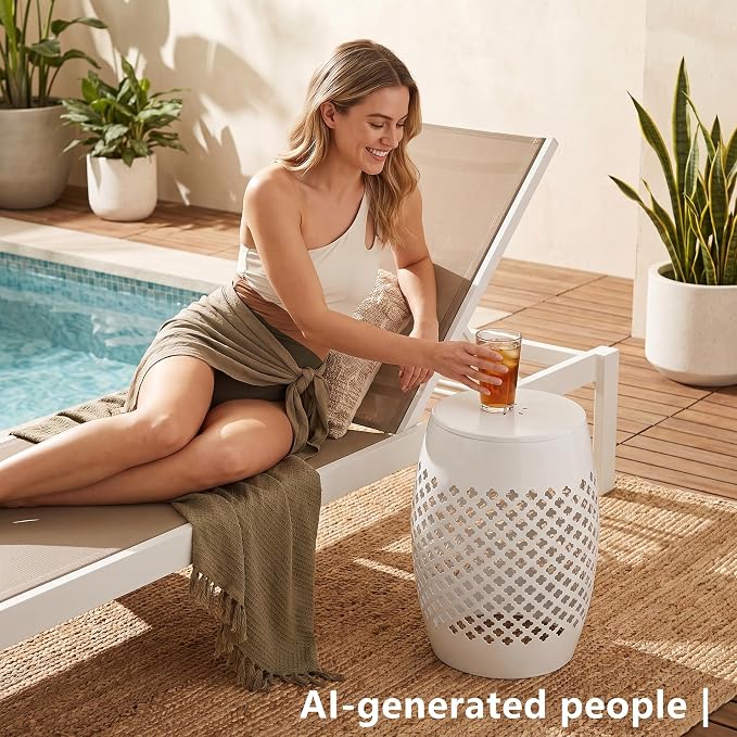 12" Outdoor Side Table, Metal Cutout Drum Side Table, Patio Garden Stool | Coffee End Tables for Small Spaces, Living Room, Backyard, Poolside