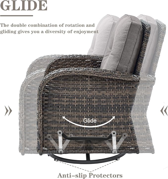 Belord Small Conversation Sets Patio Funiture - 5 Piece Outdoor Swivel Rocker Wicker Furniture Sets with Ottomans Side Table Perfect for Patio Deck Backyard, Brown Wicker Grey Cushion