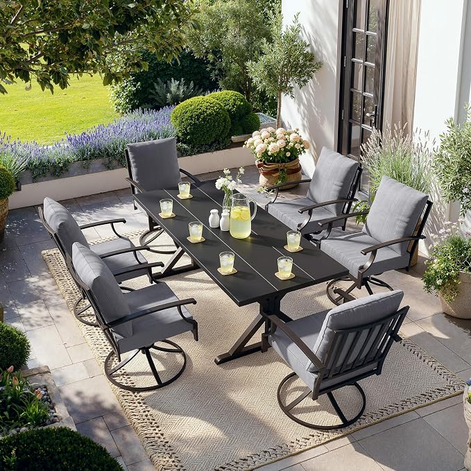 Kullavik 7 Pieces Outdoor Dining Set,Patio Dining Table and Chairs Set for 6,Fence Pattern Back Swivel Chairs with Thickened Cushions & X-Frame Metal Dining Table with Umbrella Hole for Patio,Grey