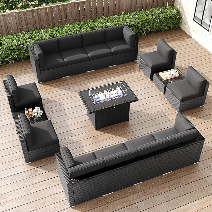 LayinSun 15 Pieces Patio Furniture Set with Fire Pit Table, Black Rattan Modular Sectional Patio Conversation Sofa Set