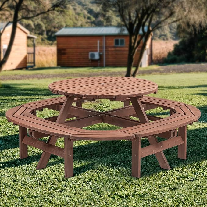 8 Person Outdoor Picnic Table with 4 Ring Built-in Benches Round Wood Picnic Table with Umbrella Hole, Outside Picnic Tables and Bench Set for Garden,Patio, Backyard,2220LBS Capacity,Walnut Brown