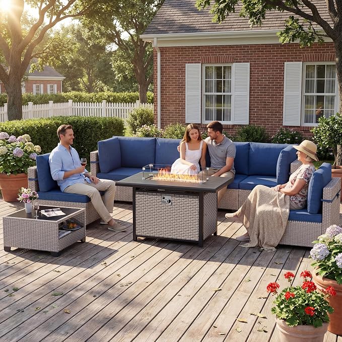 Patio Furniture Set, 8-Piece Outdoor Sectional Sofa with 60,000 BTU Fire Pit Table & 2-Layer Glass Coffee Table, Wicker Patio Conversation Set with Blue Cushions
