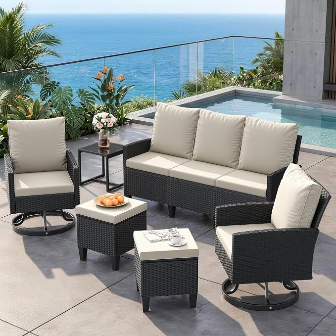 Amopatio Outdoor Patio Furniture Set, 6 Pieces Conversation Sofa with 360° Swivel Chairs, All Weather Wicker Outdoor Furniture for Backyard Garden Pool Deck,Beige