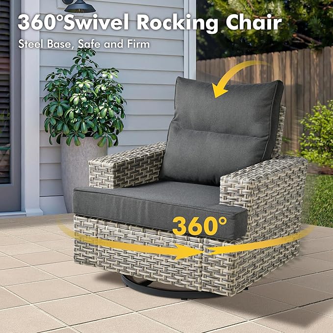 Weaxty 10 Pieces Outdoor Patio Furniture Set with Swivel Rocking Chair, Outdoor Sectional Sofa Couch Wicker Modular Patio Conversation Set w/42 Fire Pit and Coffee Side Table,Black