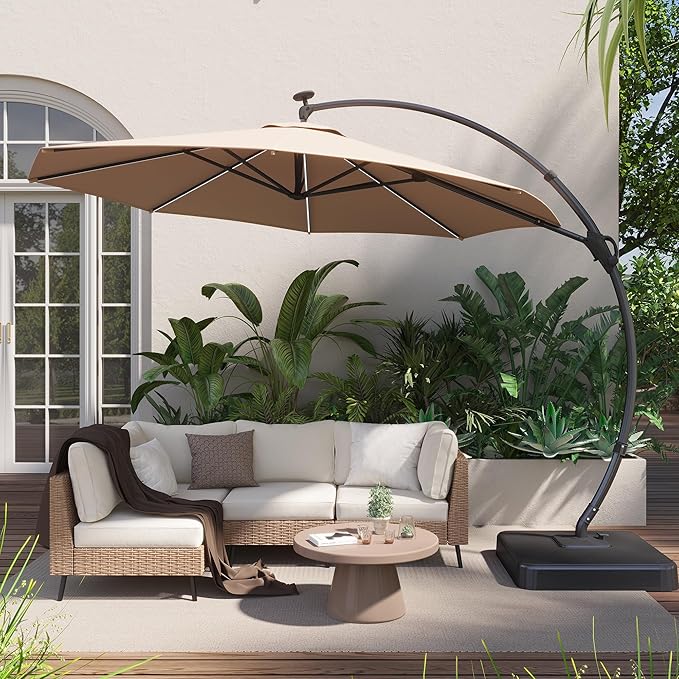 LAUSAINT HOME 11ft Patio Cantilever Umbrella with Base Included, Outdoor Curvy Round Offset Umbrella, Heavy Duty Aluminum, 360° Rotation for Pool, Deck, Lawn, Backyard (Beige with LED)