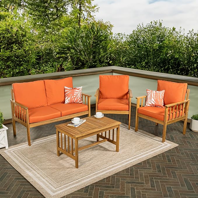 JONATHAN Y LVG1201C-4SET Everly 4-Piece Modern Cottage Acacia Wood Outdoor Patio Set with Cushions and Tropical Decorative Pillows Classic, Coastal, Traditional, Mid-Century, Orange/Teak Brown