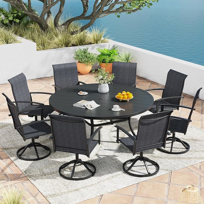 9 Pieces Outdoor Patio Dining Table Set, 60" All Weather Round Metal Table with Umbrella Hole and 8 High Back Textilene Swivel Chairs for Garden, Lawn, Poolside, Black