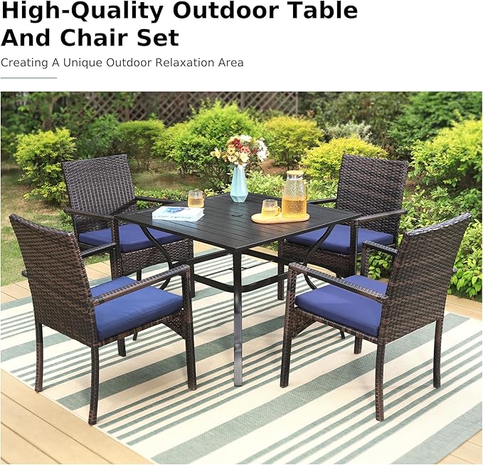 MFSTUDIO 5 Piece Patio Dining Set for 4, Outdoor 37" Square Dining Table with Cushioned Chairs, Deck Dining Furniture Set with Umbrella Hole, Wicker Chairs and Table for Porch, Backyard