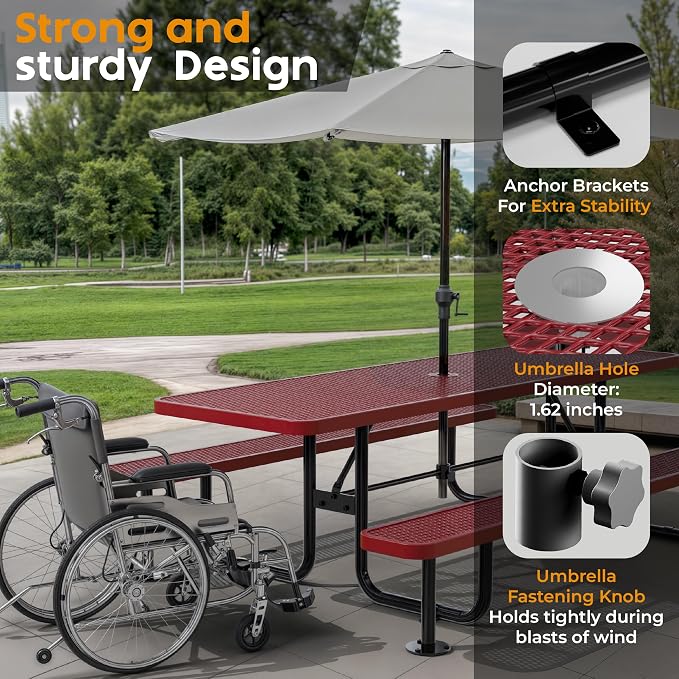 Commercial Heavy-Duty Metal Picnic Table - ADA Compliant, Adjustable Seats, Umbrella Hole, Expanded Metal (Red, 8' Rectangular)