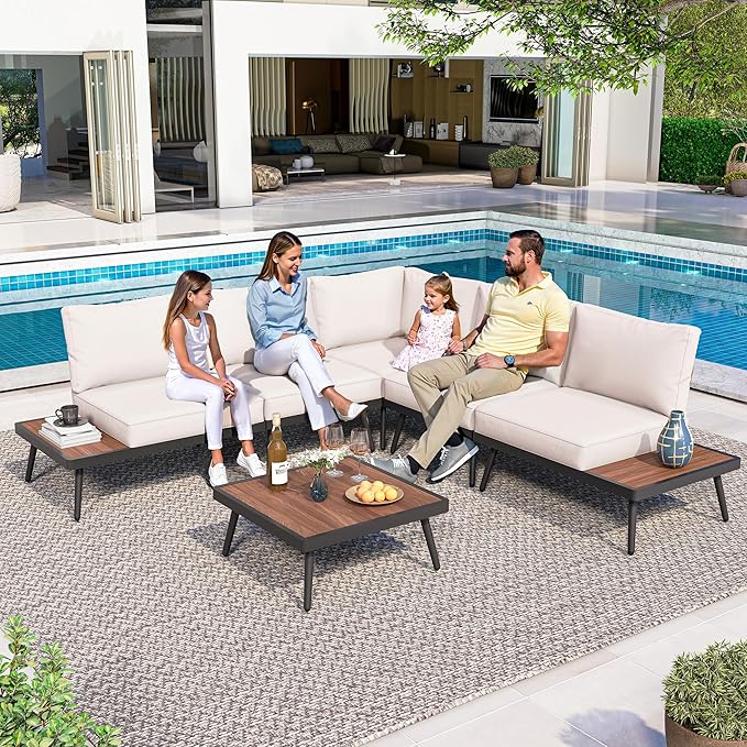 LAUSAINT HOME 6 Pieces Outdoor Patio Furniture Set, L Shaped Patio Sofa with Coffee Top Table, Metal Conversation Set with Coffee Table and Thickened Cushions for Poolside, Patio, Yard, Beige