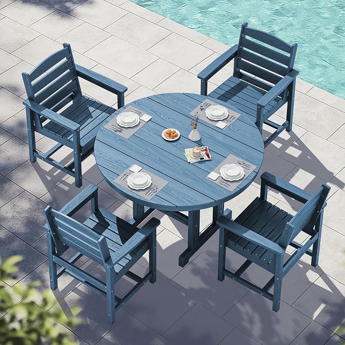 SERWALL 6-Piece Patio Dining Sets, HDPE Outdoor Table and Chairs Furniture Set with Umbrella, 45" Round Dining Table & 4 Dining Chairs & 1 9FT Umbrella, Navy(Not Include Umbrella Base)