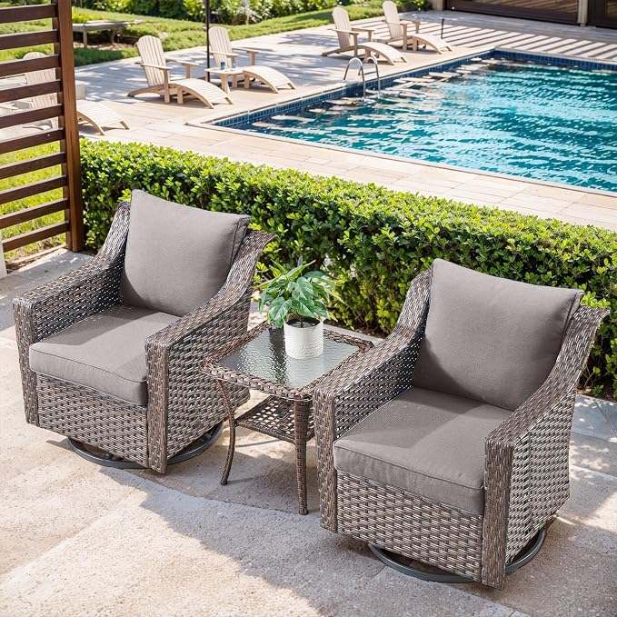3 Pieces Wicker Patio Furniture-All-Weather Wicker Swivel Patio Chairs with Side Table Patio Bistro Sets for Deck Balcony Poolside Backyard-Brown/Grey