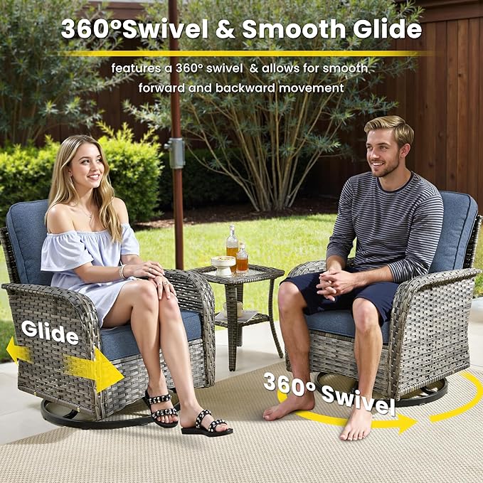 7 Pieces Outdoor Patio Furniture Set with Coffee Table, All Weather Wicker Patio Conversation Sets with Rocking Chairs, Balcony Furniture Sets for Backyard, Garden, Poolside, Denim Blue