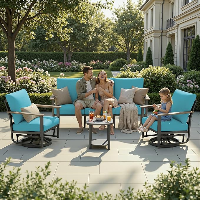 5-Seat Outdoor Patio Furniture Set Aluminum Sectional Sofa Set, Patio Conversation Set with High Backrest & Thickened Cushions for Garden, Backyard, Poolside, Turquoise