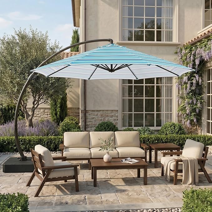 12 FT Cantilever Umbrella with Base Included, Large Round 360° Rotation Offset Umbrella Outdoor Patio, Heavy Duty Aluminum Frame, Sand-Weighted Stand, for Deck, Backyard, Pool, Garden (Blue and green stripes)
