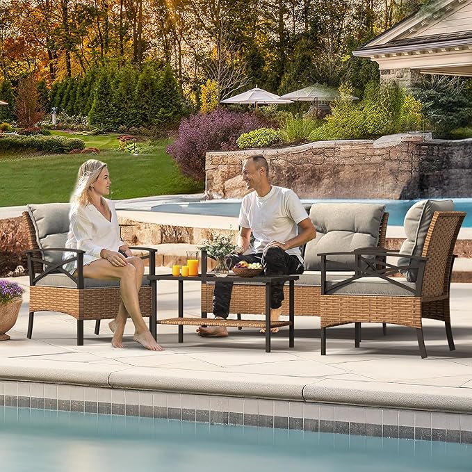 YITAHOME 4 Pieces Patio Furniture Set Outdoor Wicker Patio Conversation Set with Metal Table and Soft Cushions All-Weather Rattan Bistro Set with Loveseat (Light Brown + Gray)