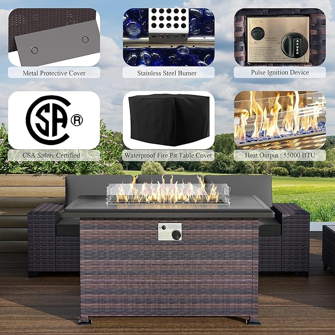 7 PCS Outdoor Patio Furniture Set,Outdoor Sectional Furniture with 43" 55000 BTU Gas Propane Fire Pit Table,All Weather PE Rattan Wicker Patio Conversation Set,Grey