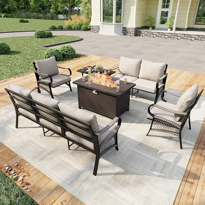 6 Pieces Outdoor Patio Conversation Sets, Outdoor Furniture Set Metal 3-Seater 2 Single Chairs 1 Loveseat with Coffee Table and Fire Pit Table for Backyard Deck Porch Poolside, Beige