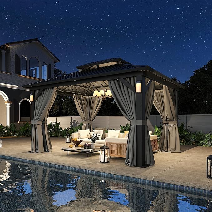 Aoxun 10'x12' Hardtop Gazebo with 4 LED Lights, Outdoor Gazebo with Galvanized Steel Double Roof, Patio Gazebo with Breathable Netting & Privacy Curtain, Decor Hooks for Backyard, Gray