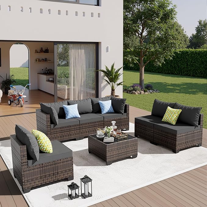 7 Pieces Patio Furniture Set - Outdoor Sectional Wicker Rattan Furniture with Cushion and Glass Table Patio Conversation Sets for Porch Poolside Backyard Outdoor Sofa Set Modular Sofa