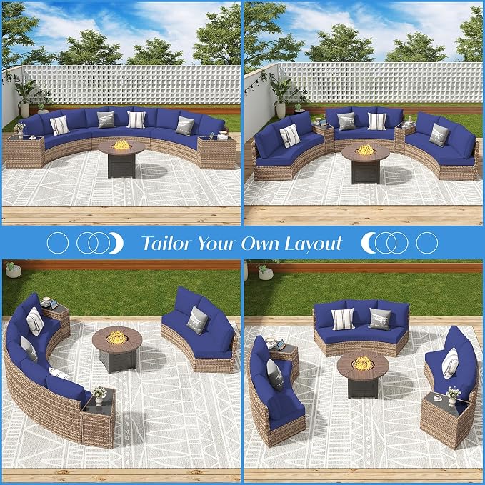 LUXOAK 11-Piece Wicker Patio Furniture Set with Storage Wedge Table, Waterproof Half-Moon Sectional Sofa with Cushions, Rattan Outdoor Conversation Set for Garden, Pool, Beach & Balcony, Blue
