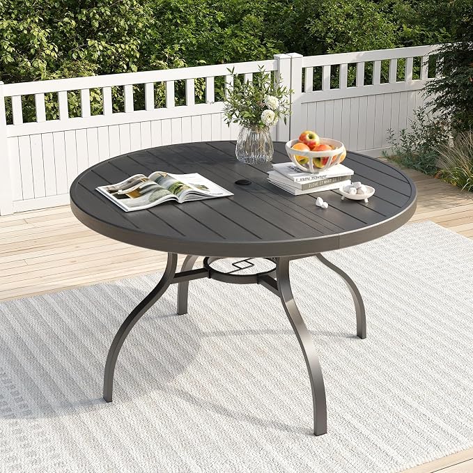 47" Round Outdoor Dining Table for 6, Metal Round Patio Table with Umbrella Hole, All-Weather Outdoor Patio Dining Table for Lawn Garden Deck Backyard (Black)