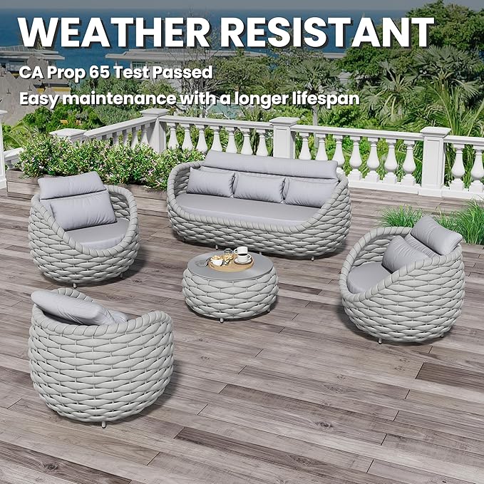 Aluminum Outdoor Patio Couch Set: 5 Pieces Woven Rope Porch Furniture Sofa Set - Metal Modern Deck Conversation Set - All Weather Assembled Courtyard Seating for Backyard Pool Hotel Resort, Grey