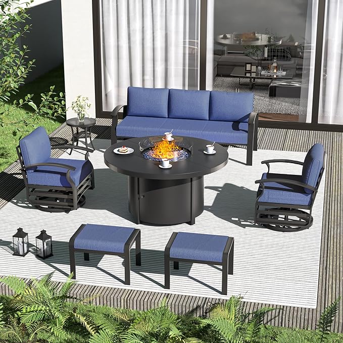 ALAULM Aluminum Patio Furniture Set with Round Propane Fire Pit Table 7-seat Metal Outdoor Furniture w/Swivel Chairs & 2 Ottomans Patio Sectional Sofas for Patio, Lawn, Poolside（DarkBlue