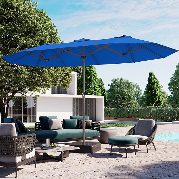PatioKingdom 15FT Large Patio Umbrella with Base, Double Sided Rectangular Outdoor Umbrella with Sturdy Fiberglass Ribs, Market Umbrella for Pool,Garden,Backyard,Deck (Royal blue, 15FT)