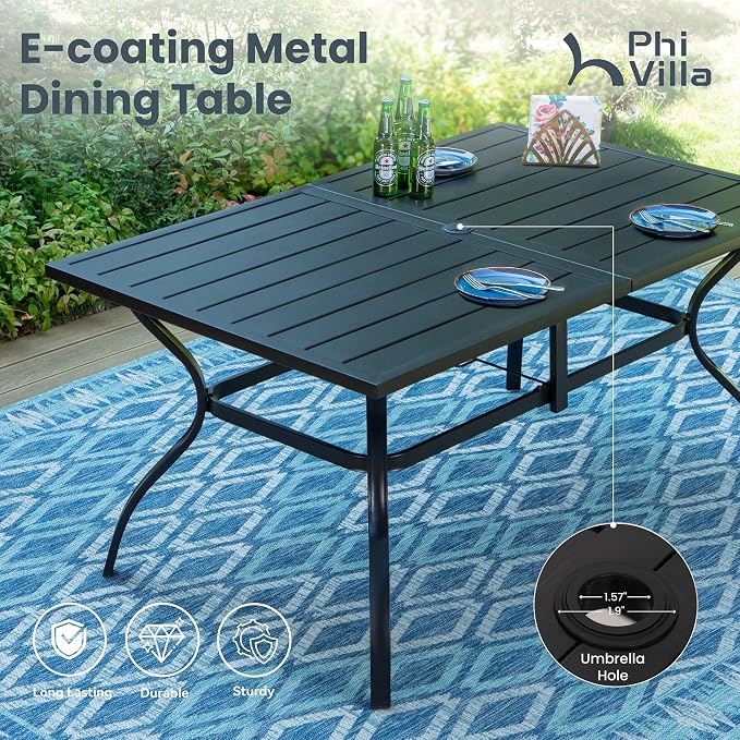 PHI VILLA 7 PCS Patio Dining Set, Aluminum Outdoor Furniture, Patio Table and Chairs for 6, Lightweight Stackable Chairs and Large Metal Dining Table for Garden Yard Deck, Beige