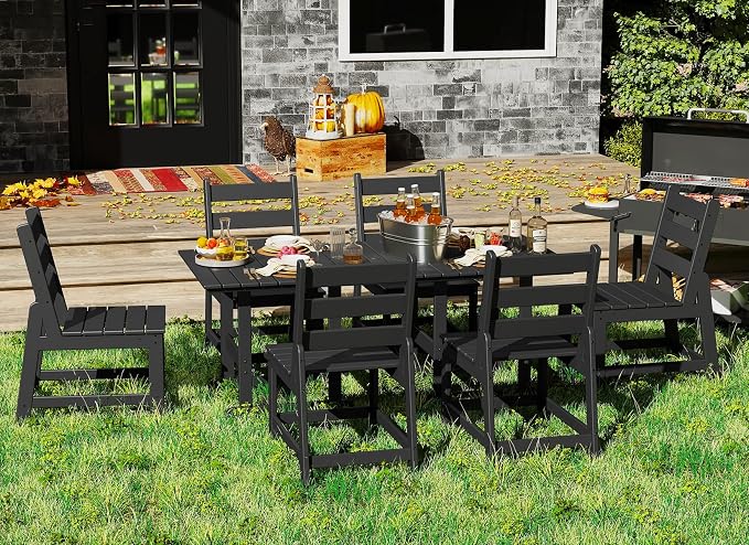 GREENVINES 7-Piece-Outdoor-Table-and-Chairs | HDPE | Patio Furniture | Dining Sets for 6 | Armless Chair | All Weather | Connectable Tables | for Backyard Poolside Garden | Black