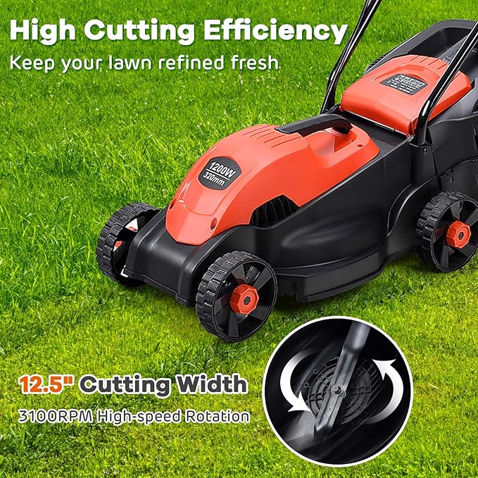 IRONMAX Electric Lawn Mower, 12.5 Amp 1200W Corded Push Mower with 3 Cutting Heights, 30L Grass Collection Bag, Folding Handle, 13" Walk-Behind Lawn Mowers for Yard Garden Farm (Red)