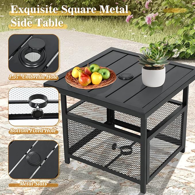 Crownland Outdoor Bistro Patio Square Side Table with 1.57 inches Umbrella Hole for Garden, Swimming Pool, Backyard, Black