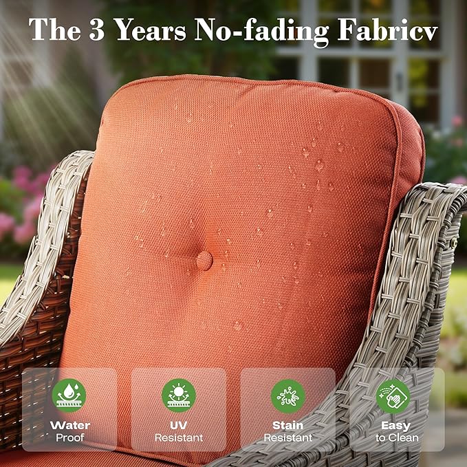 ovios 5 Piece Outdoor Patio Furniture with 3 Seat Sofa,Rattan Wicker Coversation Set with Swivel Rocking Chair,Balcony Sofa Set with Shiny Table for Outside Porch Backyard Pool, Red