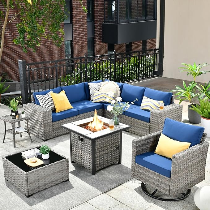 HOOOWOOO Outdoor Patio Sectional Furniture Sofa Set with Propane Gas Fire Pit Table,9 Piece Modern Wicker Couch with Swivel Chair,Modular L Shaped Conversation Seating Set with Wide Arm(Navy Blue)