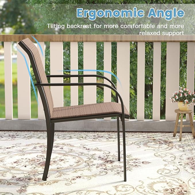 DIFY 5 Pieces Outdoor Dining Table Chair Set, Patio Dining Set with 1 Black Square Curved Legs Table with and Umbrella Hole & 4 Brown Stackable with Armrests Chairs for Lawn, Garden, Porch