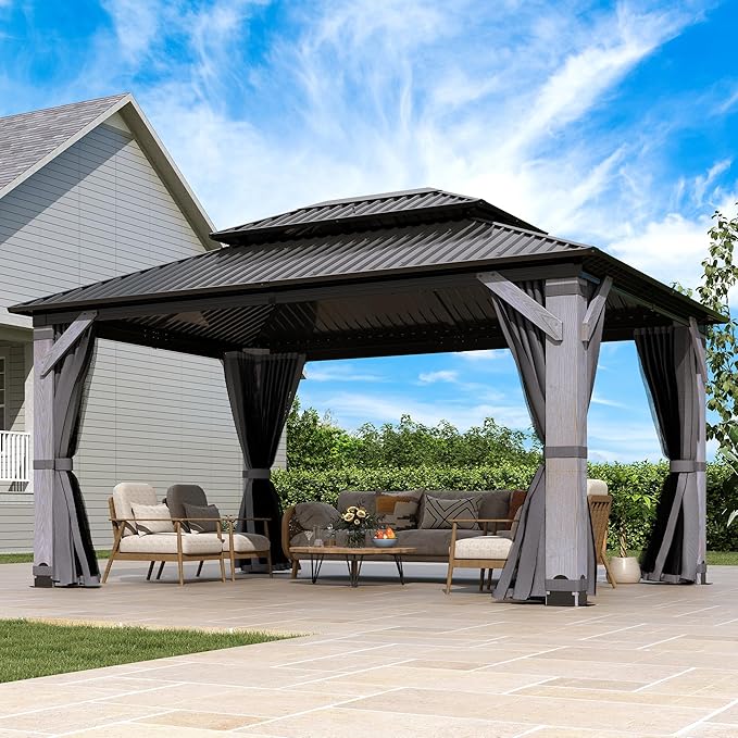 12' x 16' Wood Gazebo, Outdoor Cedar Wood Hardtop Gazebo with Galvanized Steel Doule Roof, Wooden Frame Gazebos with Netting and Curtains for Patio, Backyard, Deck