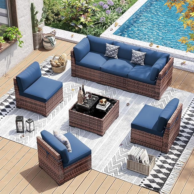 UDPATIO Patio Furniture Set, Modular Outdoor Sectional with 105°Slanted Back, 7 Pieces Rattan Conversation Set for Poolside, Backyard, Deck, with Coffee Table, Waterproof Cover, Blue