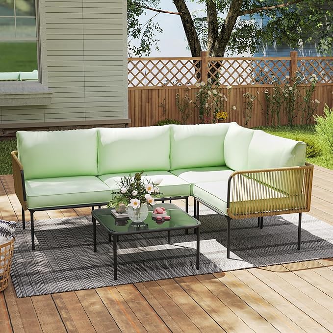 Patio Furniture Set, 5 Piece Outdoor Patio L-Shaped Conversation Set with Cushions and Table, All-Weather Rattan Woven Sectional Sofa for Backyard, Porch, Boho Detachable Lounger (Green)