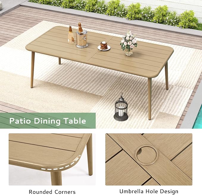 Outdoor Dining Table for 8, Large Rectangular Aluminum Patio Table with Umbrella Hole, 8-Person Rustproof Wood-Like Aluminum Dining Table for Lawn Garden Backyard