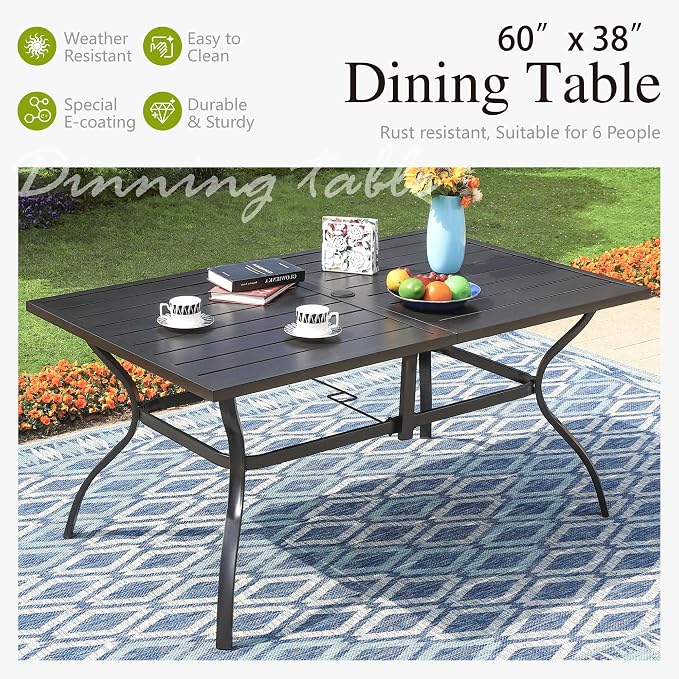 Sophia & William Patio Dining Set Metal Outdoor Table and Chairs Furniture Set 7 Piece, Large 60.2" Dining Table with Umbrella Hole and 6 Backyard Garden Chairs Support 300LBS for Deck, Lawn, Garden
