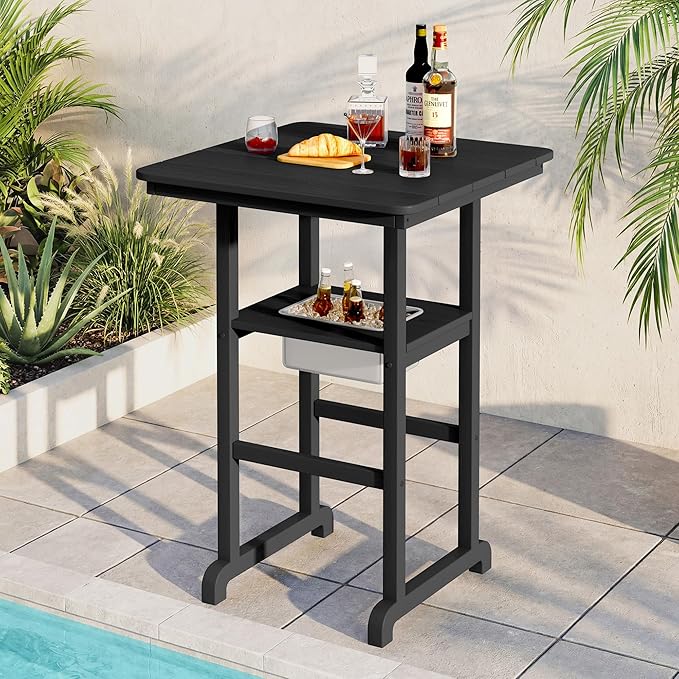 SERWALL HDPE 41.7'' Bar Table with Ice Bucket, Bar Height Table with Ice Bucket, 30'' x 30'' Square Bar Tables Bistro, Poolside, Backyard, Black