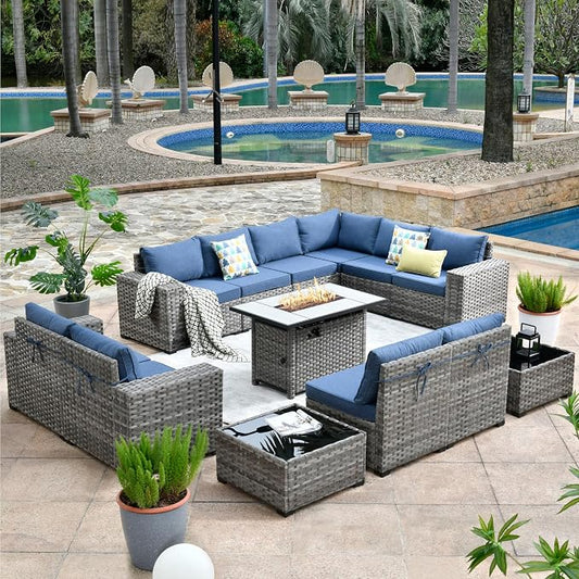 HOOOWOOO Outdoor Patio Sectional Furniture Sofa Set with Propane Fire Pit Table,13 Piece Large Modern Wicker Couch with Widened Armrest,Modular L Shaped Conversation Seating Set(Denim Blue)
