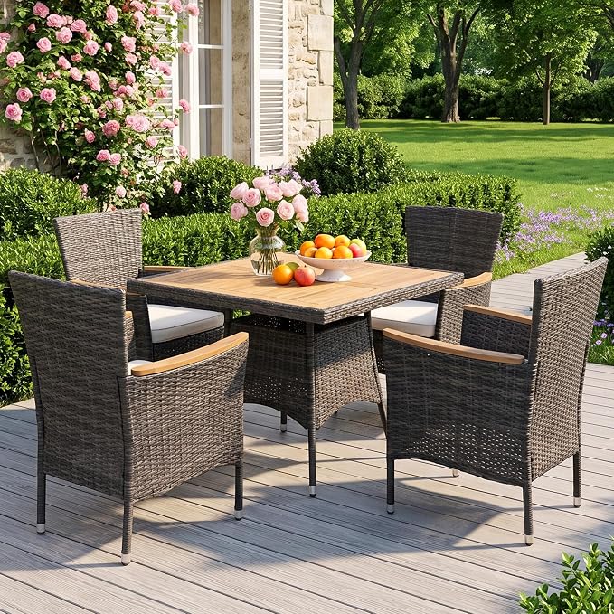 Wisteria Lane 5-Pieces Patio Dining Sets, Rattan Outdoor Table and Chairs with Acacia Wood Tabletop, Metal Patio Dining Furniture for 4 with Removable Cushions for Deck Garden Backyard, Grey