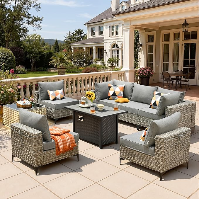 8 Pieces Patio Furniture Set with 42" Fire Pit, All-Weather Rattan Outdoor Sectional Conversation Sets L Shaped Sofas with Solar Light Coffee Table for Porch Balcony Backyard Dark Grey