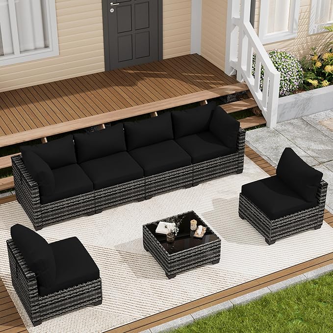 LOUVIXA 7 Piece Outdoor Patio Furniture Set, Outdoor Sectional Sofa, Wicker Rattan Patio Furniture, Patio Conversation Set with Coffee Table & Cushions