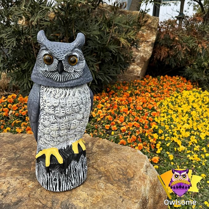 Owlsome Solar Owl with Colored Flashing Eyes, Rotating Head, Hoot Sound, Motion Detector and Silent Mode, Plastic Owl Garden Sculpture, Garden Decoration